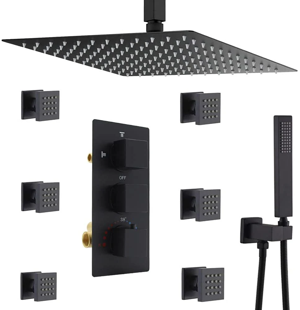 Matte Black Shower System Multi Rain Head, 16 Inch Ceiling Large Rainfall Square Faucet, 6 PCS Full Body Spray Jets, Extra Long Hose Handheld